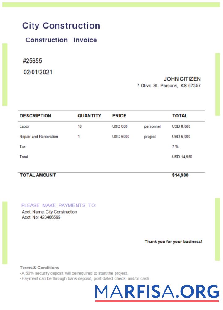 Printable USA City Construction invoice template